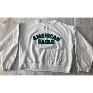 American Eagle Womens Cream Green Chenille Logo Crewneck Crop Sweatshirt Medium